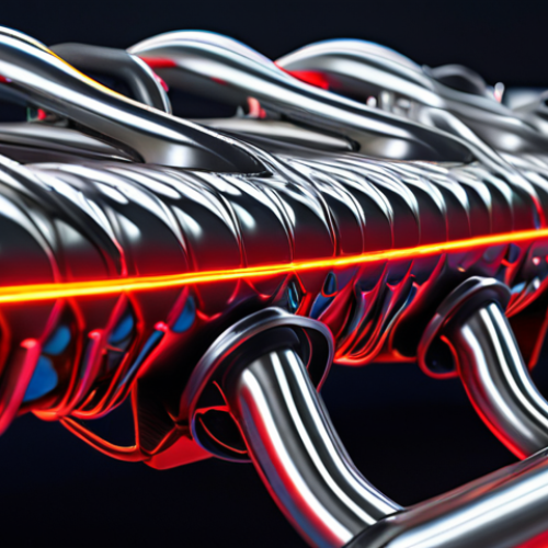 Home 11 **Prompt:** Intricate, close-up view of a Formula 1 exhaust manifold glowing red-hot, highlighting the complex curves and welds of the titanium alloy. Use a shallow depth of field to emphasize the craftsmanship and the extreme heat. CFD simulation overlay optional.