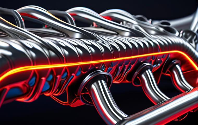 **Prompt:** Intricate, close-up view of a Formula 1 exhaust manifold glowing red-hot, highlighting the complex curves and welds of the titanium alloy. Use a shallow depth of field to emphasize the craftsmanship and the extreme heat. CFD simulation overlay optional.