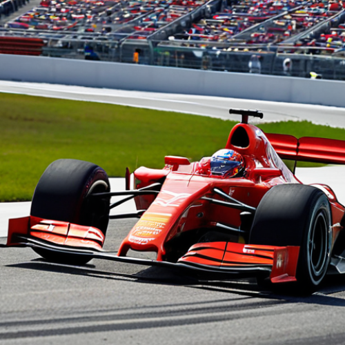 Home 6 **A Formula 1 car cornering at high speed on a banked track like Daytona International Speedway. The image should showcase the extreme angle of the car and the track, emphasizing the forces at play. Focus on the tire deformation and the overall sense of speed and intensity.**
