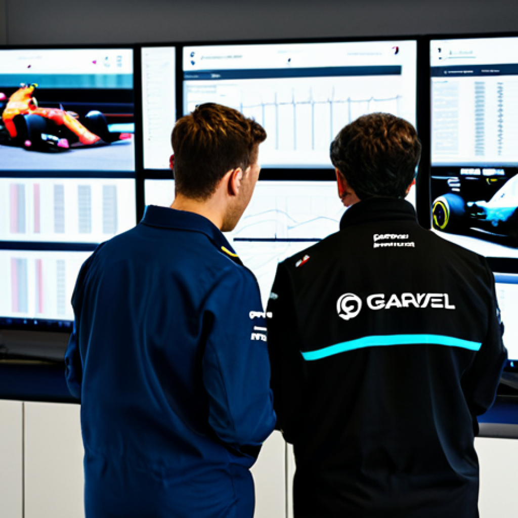 A diverse group of professional Formula 1 team members, including a female strategist and male engineers, meticulously reviewing data on large screens within a high-tech pit garage. They are wearing modest team uniforms, fully clothed, and engaged in a focused, collaborative discussion. The background features blurred F1 equipment and a glimpse of a modern race car. Natural pose, perfect anatomy, correct proportions, well-formed hands, proper finger count, natural body proportions, professional photography, high quality, realistic, safe for work, appropriate content, professional.