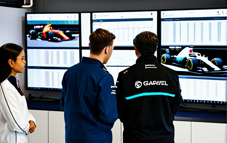 A diverse group of professional Formula 1 team members, including a female strategist and male engineers, meticulously reviewing data on large screens within a high-tech pit garage. They are wearing modest team uniforms, fully clothed, and engaged in a focused, collaborative discussion. The background features blurred F1 equipment and a glimpse of a modern race car. Natural pose, perfect anatomy, correct proportions, well-formed hands, proper finger count, natural body proportions, professional photography, high quality, realistic, safe for work, appropriate content, professional.