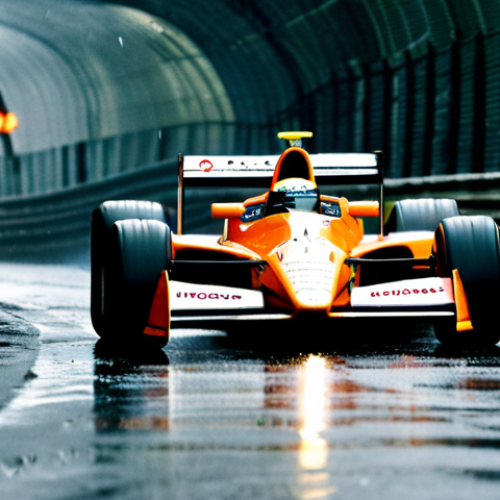 Home 29 Ayrton Senna in Monaco**
"Ayrton Senna driving his McLaren F1 car through the tunnel at Monaco, rain glistening on the track, fully clothed in his racing suit, appropriate attire, safe for work, perfect anatomy, natural proportions, dynamic action shot, professional motorsport photography, high quality, family-friendly."
**