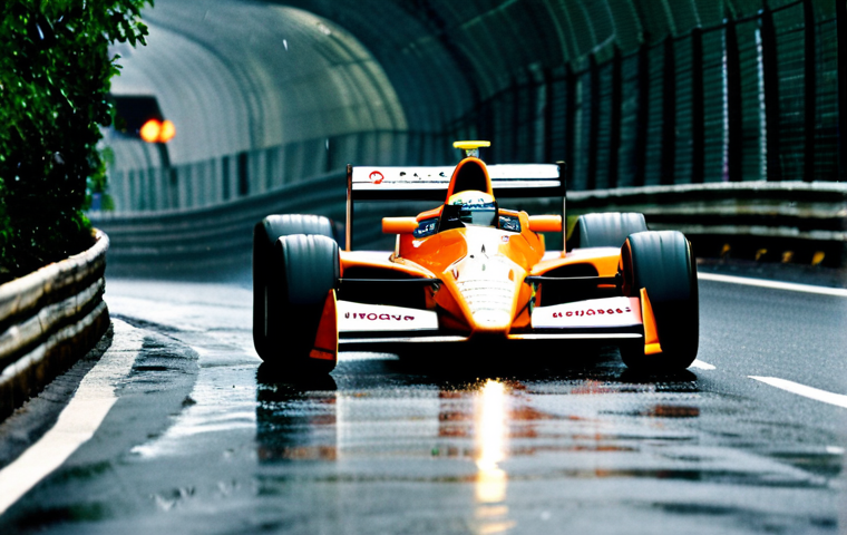 Ayrton Senna in Monaco**
"Ayrton Senna driving his McLaren F1 car through the tunnel at Monaco, rain glistening on the track, fully clothed in his racing suit, appropriate attire, safe for work, perfect anatomy, natural proportions, dynamic action shot, professional motorsport photography, high quality, family-friendly."
**