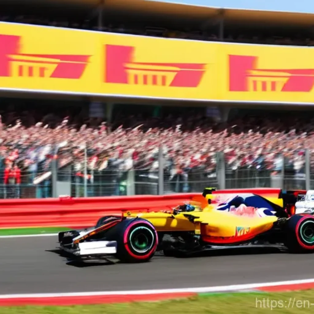 F1 경기 관람 가이드 - A vibrant, wide-angle shot of a Formula 1 Grand Prix circuit grandstand packed with enthusiastic fan...
