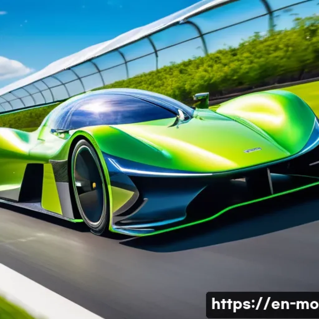 모터스포츠의 생태계 보호 캠페인 - A futuristic electric race car speeding on a modern racetrack surrounded by solar panel arrays and g...