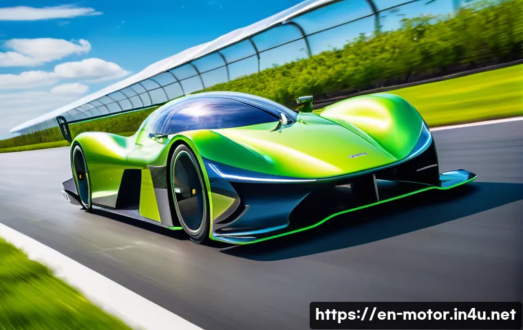 모터스포츠의 생태계 보호 캠페인 - A futuristic electric race car speeding on a modern racetrack surrounded by solar panel arrays and g...