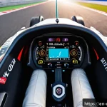 F1 머신의 무선 통신 장비 - A high-tech Formula 1 driver inside a sleek racing cockpit wearing a modern helmet with an integrate...
