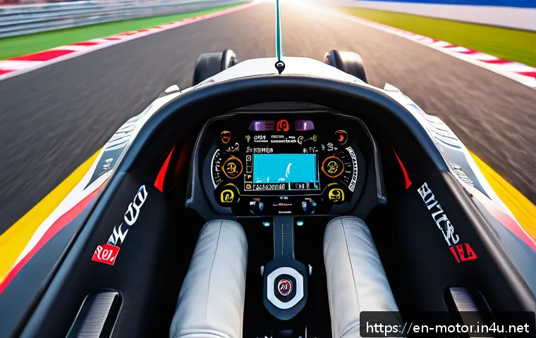 F1 머신의 무선 통신 장비 - A high-tech Formula 1 driver inside a sleek racing cockpit wearing a modern helmet with an integrate...