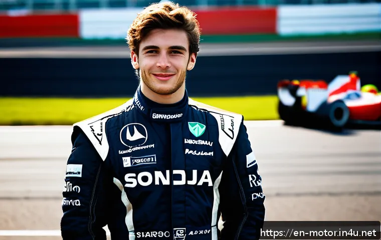 F1 드라이버 연봉 - A dynamic portrait of a young Formula 1 driver in their early 20s wearing a sleek racing suit adorne...