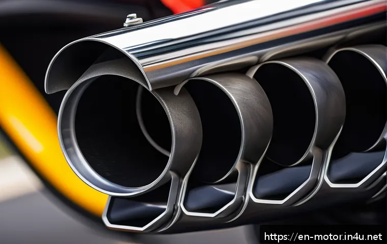 F1 머신의 배기 시스템 기술 - A highly detailed close-up of a Formula 1 car’s exhaust system showcasing intricate titanium alloy p...