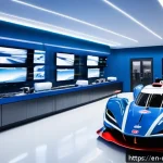 모터스포츠 팀 스폰서 역할 - A high-tech motorsport engineering lab scene showcasing a diverse team of engineers and designers wo...