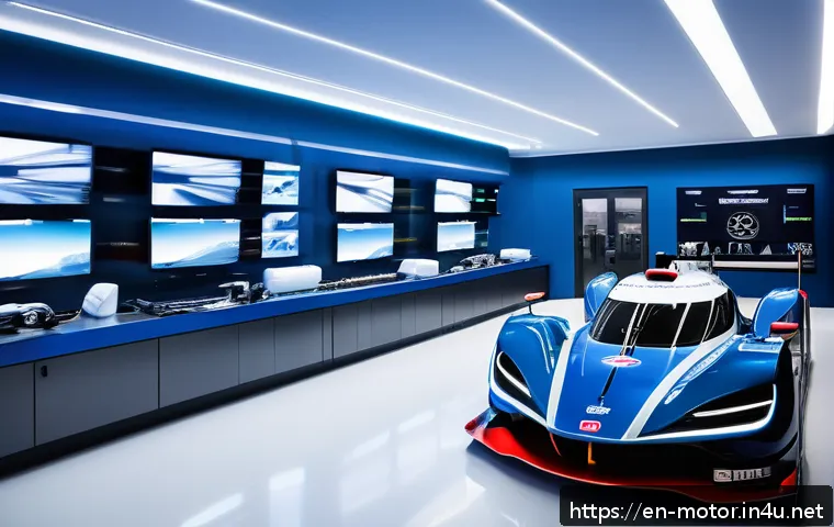 모터스포츠 팀 스폰서 역할 - A high-tech motorsport engineering lab scene showcasing a diverse team of engineers and designers wo...