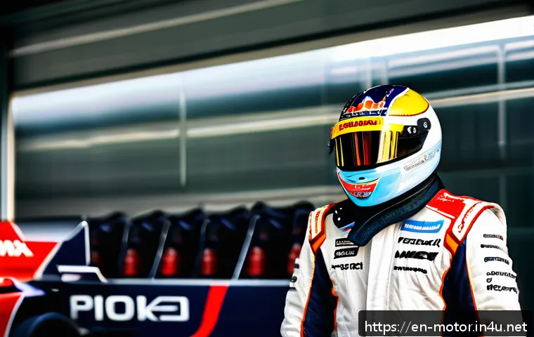 F1 레이싱 수트 기능 - A detailed close-up of a Formula 1 racing suit showcasing its multi-layer Nomex fabric with visible ...